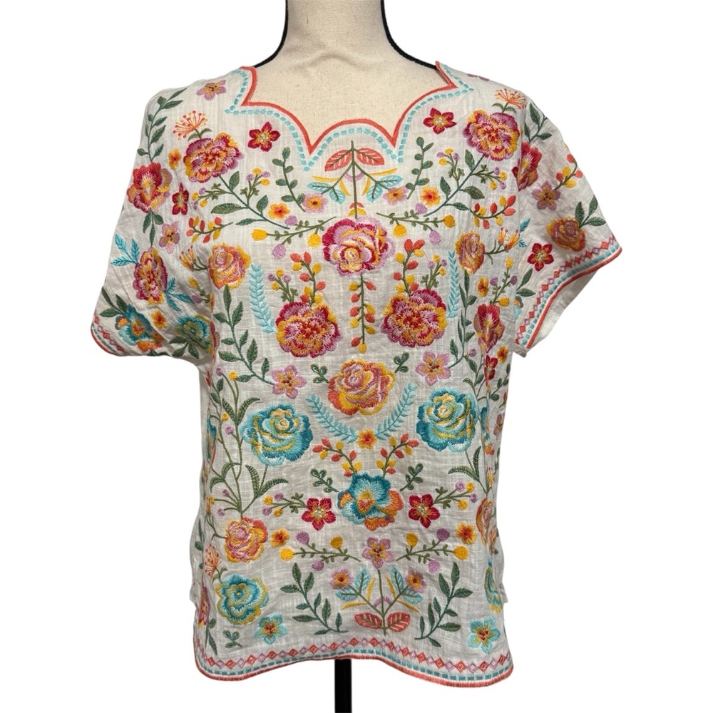 Savanna Jane front- emboidered blouse cap sleeves boho bohemian colorful small